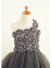 One Shoulder Gray Rosette Tulle Flower Girl Dress